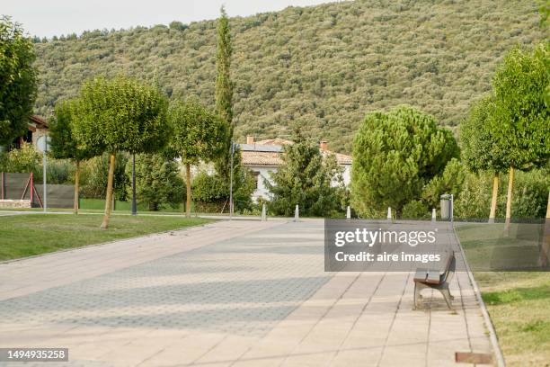 side view of a path in a park without people with a bench on one side and some trees, a house in the background - woodland floor stock pictures, royalty-free photos & images