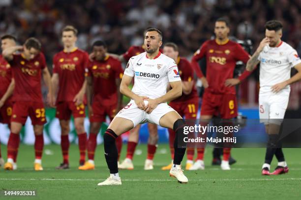 Joan Jordan of Sevilla FC reacts in the penalty shoot out during the UEFA Europa League 2022/23 final match between Sevilla FC and AS Roma at Puskas...