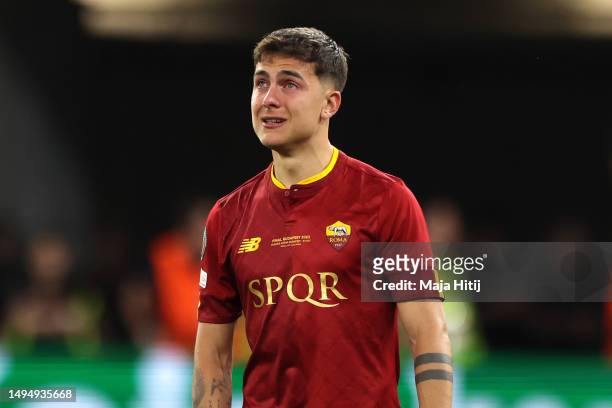 Paulo Dybala of AS Roma looks dejected after Sevilla FC defeat AS Roma in the penalty shoot out during the UEFA Europa League 2022/23 final match...