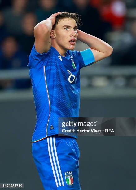 Cesare Casadei of Italy reacts during a FIFA U-20 World Cup Argentina 2023 Round of 16 match between England and Italy at Estadio La Plata on May 31,...