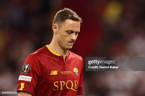 Nemanja Matic of AS Roma looks dejected following the team's defeat in the penalty shoot out during the UEFA Europa League 2022/23 final match...