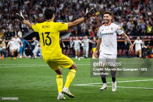 The team of Sevilla FC with Gonzalo Montiel and Yassine Bounou celebrates victory after penalty shootout after the UEFA Europa League 2022/23 final...