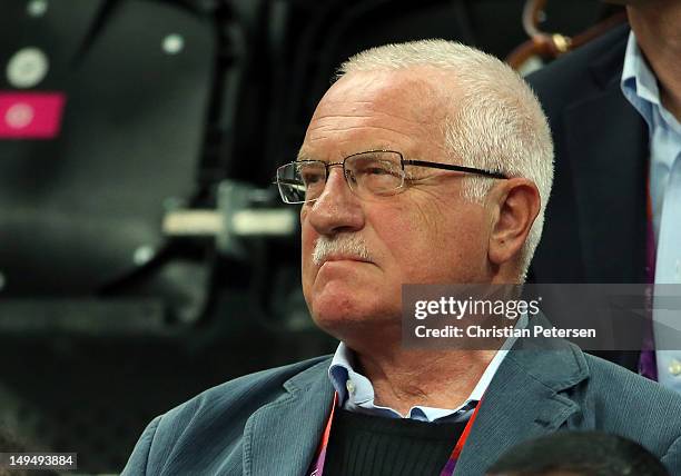 Vaclav Klaus, President of the Czech Republic watches the Men's Basketball Game on Day 2 of the London 2012 Olympic Games at the Basketball Arena on...