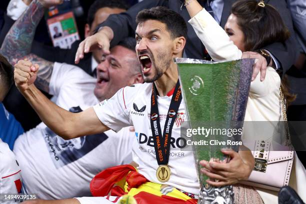 Jesus Navas of Sevilla FC celebrates with the UEFA Europa League trophy after the team's victory during the UEFA Europa League 2022/23 final match...