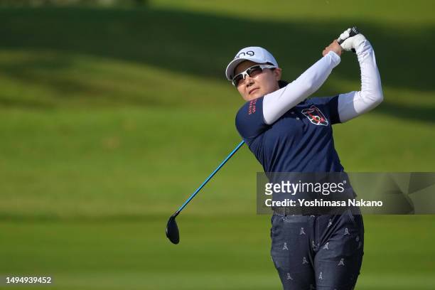Ayako Uehara of Japan hits her second shot on the 10th hole during the second round of ECC Ladies Golf Tournament at Kitarokko Country Club East...
