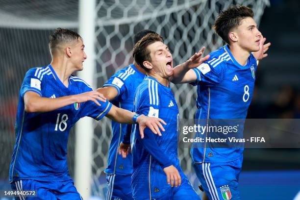 Cesare Casadei of Italy celebrates with teammates after scoring the team's second goal during a FIFA U-20 World Cup Argentina 2023 Round of 16 match...