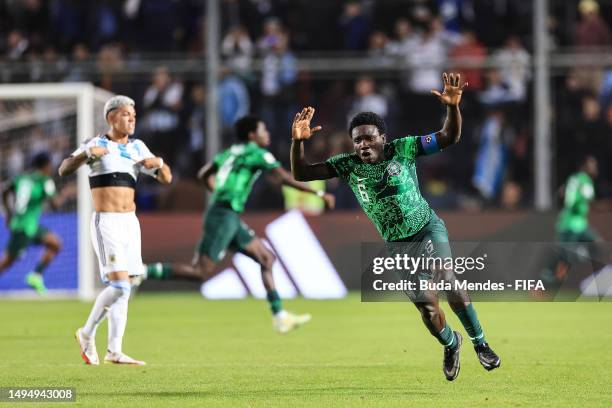 Daniel Bameyi of Nigeria celebrates the team's second goal scored by Rilwanu Haliru Sarki of Nigeria during the FIFA U-20 World Cup Argentina 2023...