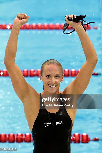 Dana Vollmer of the United States celebrates after winning the gold medal and setting a new world record time of 55.98 seconds in the Women's 100m...