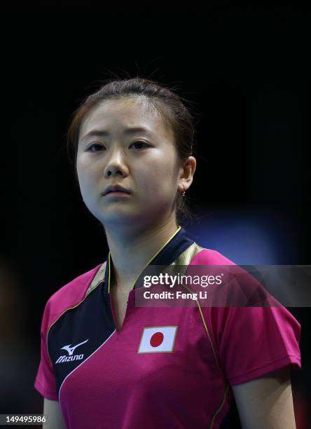 Ai Fukuhara of Japan looks on in her Women's Singles Table Tennis third round match against Anna Tikhomirova of Russia on Day 2 of the London 2012...