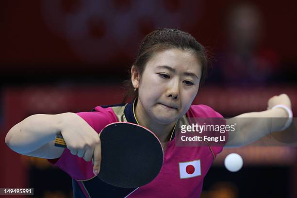Ai Fukuhara of Japan plays a backhand in her Women's Singles Table Tennis third round match against Anna Tikhomirova of Russia on Day 2 of the London...