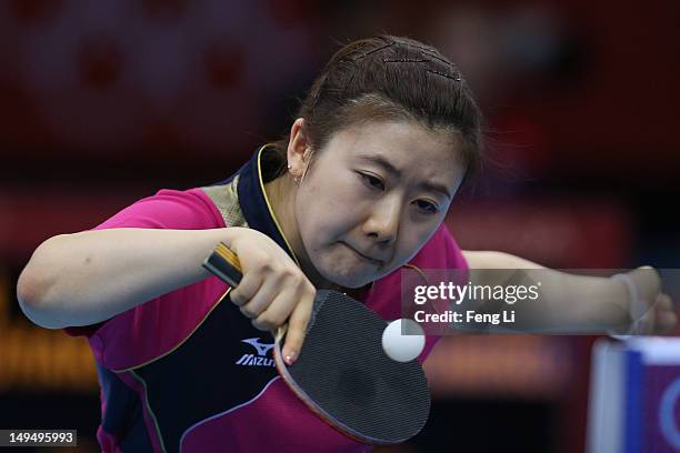 Ai Fukuhara of Japan plays a backhand in her Women's Singles Table Tennis third round match against Anna Tikhomirova of Russia on Day 2 of the London...