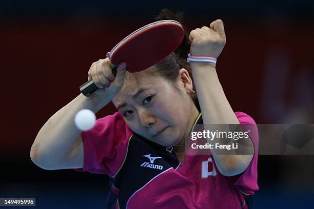 Ai Fukuhara of Japan plays a forehand in her Women's Singles Table Tennis third round match against Anna Tikhomirova of Russia on Day 2 of the London...