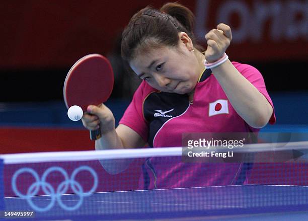 Ai Fukuhara of Japan plays a forehand in her Women's Singles Table Tennis third round match against Anna Tikhomirova of Russia on Day 2 of the London...