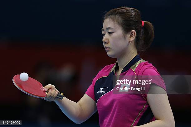 Ai Fukuhara of Japan controls the ball in her Women's Singles Table Tennis third round match against Anna Tikhomirova of Russia on Day 2 of the...