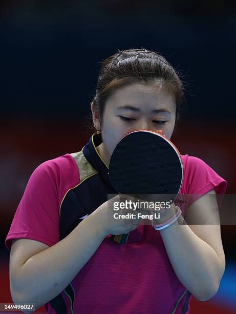 Ai Fukuhara of Japan prepares to serve in her Women's Singles Table Tennis third round match against Anna Tikhomirova of Russia on Day 2 of the...