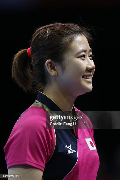 Ai Fukuhara of Japan looks on in her Women's Singles Table Tennis third round match against Anna Tikhomirova of Russia on Day 2 of the London 2012...