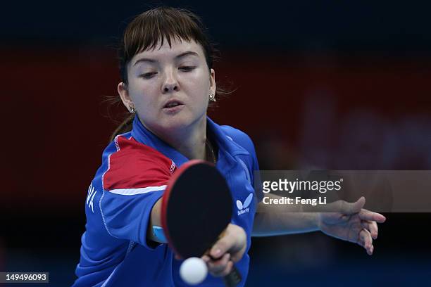 Anna Tikhomirova of Russia plays a forehand in her Women's Singles Table Tennis third round match against Ai Fukuhara of Japan on Day 2 of the London...