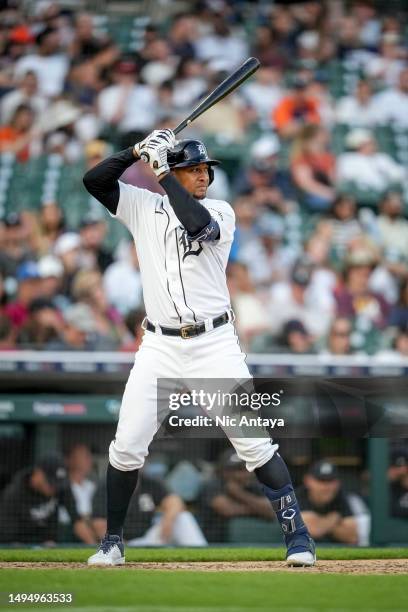 Jonathan Schoop of the Detroit Tigers at bat against the Texas Rangers at Comerica Park on May 30, 2023 in Detroit, Michigan.