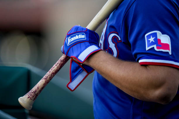 Detail is pictured of the Franklin batting gloves worn by Nathaniel Lowe of the Texas Rangers against the Detroit Tigers at Comerica Park on May 30,...