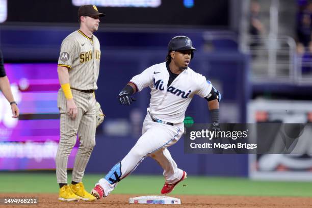 Jean Segura of the Miami Marlins runs the bases after hitting a double against the San Diego Padres during the ninth inning at loanDepot park on May...