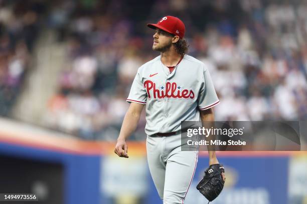 Aaron Nola of the Philadelphia Phillies looks on in the first inning against the New York Mets at Citi Field on May 31, 2023 in New York City.