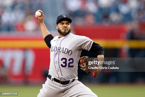 Starter Dinelson Lamet of the Colorado Rockies pitches against the Arizona Diamondbacks during the first inning at Chase Field on May 31, 2023 in...