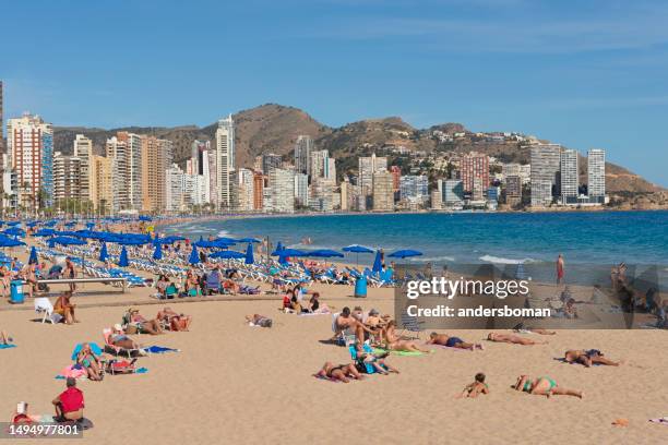 beach of benidorm   levante - crowded beach stock pictures, royalty-free photos & images