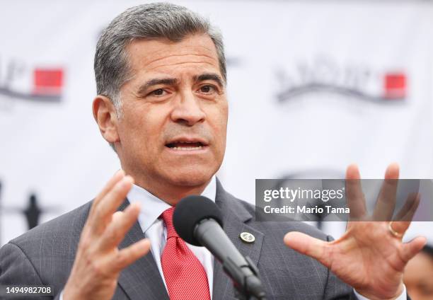 Health and Human Services Secretary Xavier Becerra speaks at a news conference following a tour and roundtable discussion at an Asian American Drug...