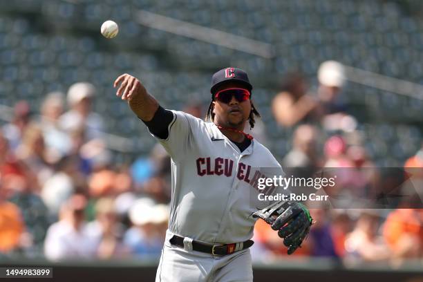 Third baseman Jose Ramirez of the Cleveland Guardians follows throws to first base against the Baltimore Orioles at Oriole Park at Camden Yards on...