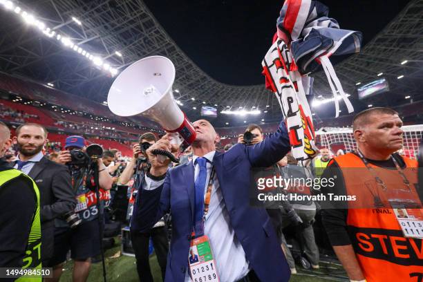 Ramon Rodriguez Verdejo Manager of Sevilla celebrates after winning the UEFA Europa League 2022/23 final match between Sevilla FC and AS Roma at...