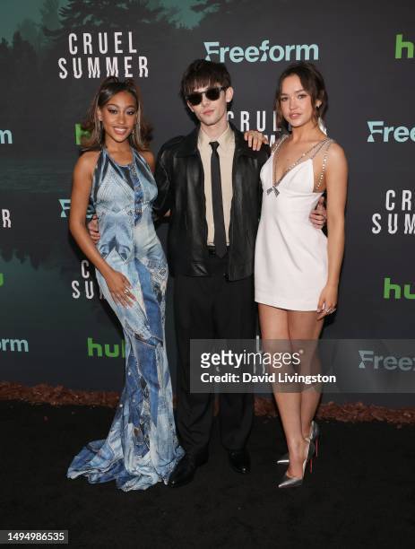Lexi Underwood, Griffin Gluck and Sadie Stanley attend the premiere of Freeform's "Cruel Summer" Season 2 at Grace E. Simons Lodge on May 31, 2023 in...