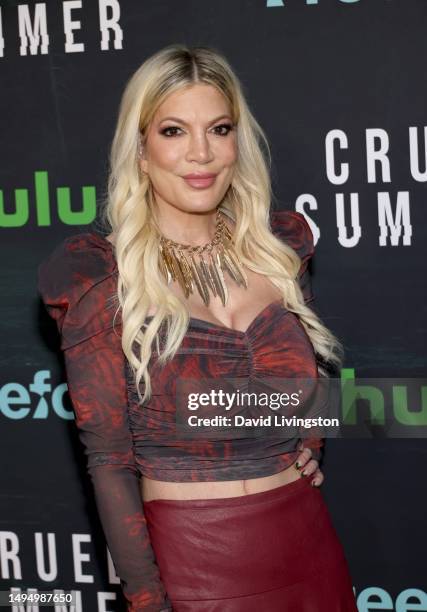 Tori Spelling attends the premiere of Freeform's "Cruel Summer" Season 2 at Grace E. Simons Lodge on May 31, 2023 in Los Angeles, California.