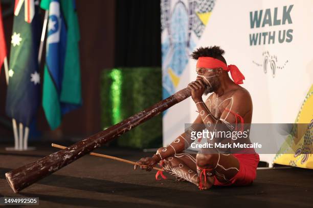 Didgeridoo player performs at the launch of the AOC's Innovate Reconciliation Action Plan on June 01, 2023 in Sydney, Australia.