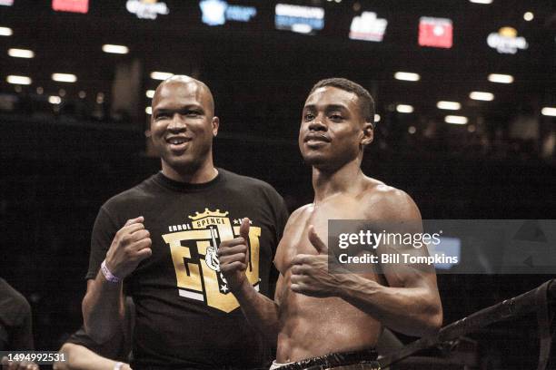 April 16: Derrick James and Errol Spence Jr after the defeat of Chris Algieri by TKO on April 16th, 2016 in Brooklyn.