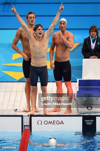 Amaury Leveaux, Clement Lefert, Yannick Agnel and Fabien Gilot of France celebrate after winning the gold in the Men's 4x100m Freestyle relay on Day...