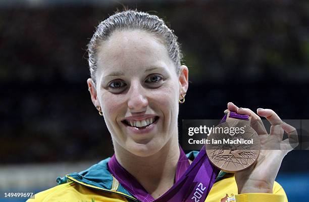 Alicia Coutts of Australia poses with her Bronze Medal from the Womens 100m Butterfly during the 2012 London Olympics at the Aquatics Centre on July...