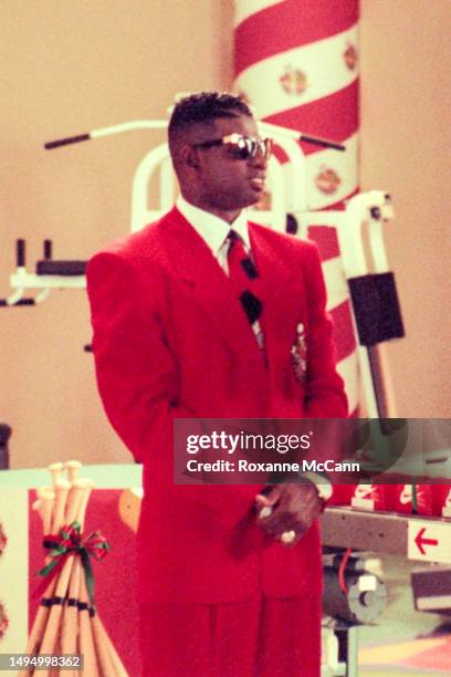 Professional NFL and MLB player Deion Sanders, on both the Atlanta Braves and Atlanta Falcons teams stands by to be filmed on the set of a Nike...