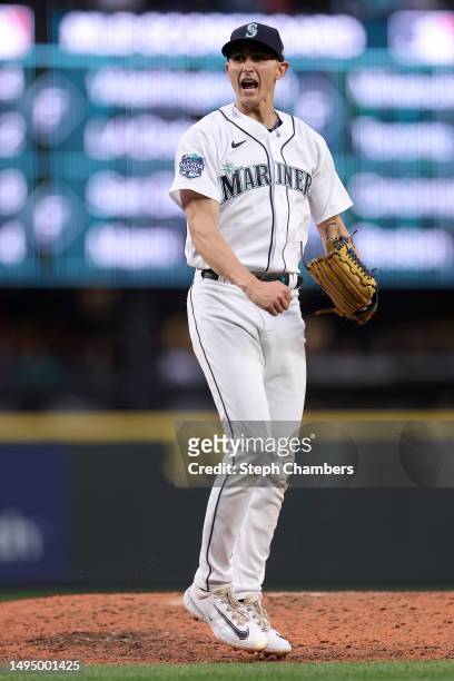 George Kirby of the Seattle Mariners reacts after a strikeout during the eighth inning against the New York Yankees at T-Mobile Park on May 31, 2023...