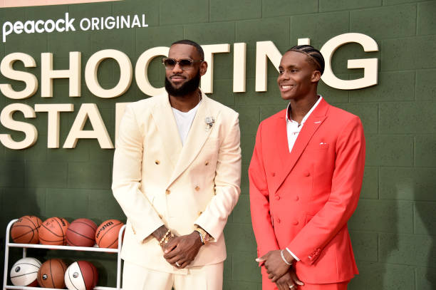 LeBron James and Marquis "Mookie" Cook attend the Los Angeles premiere of Universal Pictures' "Shooting Stars" on May 31, 2023 in Los Angeles,...