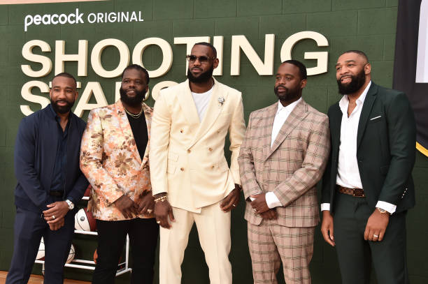 Dru Joyce III, Sian Cotton, LeBron James, Willie McGee and Romeo Travis attend the Los Angeles premiere of Universal Pictures' "Shooting Stars" on...