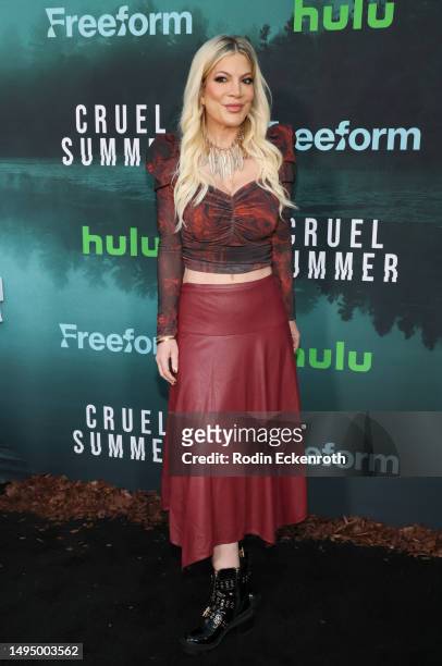 Tori Spelling attends the Los Angeles premiere of Freeform's "Cruel Summer" season 2 at Grace E. Simons Lodge on May 31, 2023 in Los Angeles,...