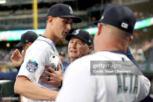 George Kirby of the Seattle Mariners is greeted by manager Scott Servais during the eighth inning against the New York Yankees at T-Mobile Park on...