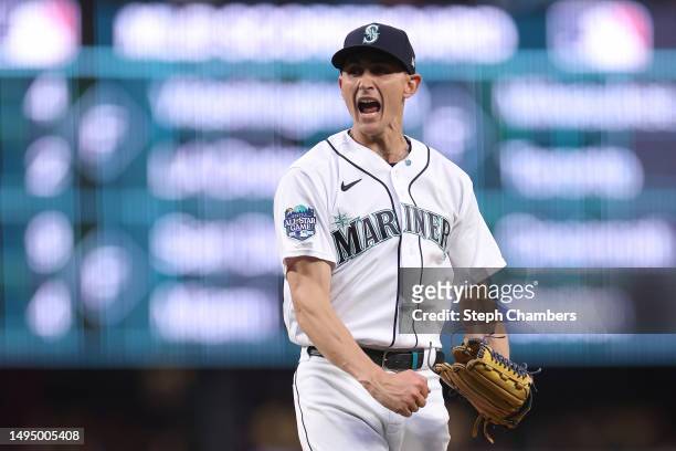 George Kirby of the Seattle Mariners reacts after a strikeout during the eighth inning against the New York Yankees at T-Mobile Park on May 31, 2023...
