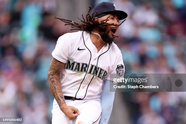 Crawford of the Seattle Mariners reacts after his diving catch during the sixth inning against the New York Yankees at T-Mobile Park on May 31, 2023...