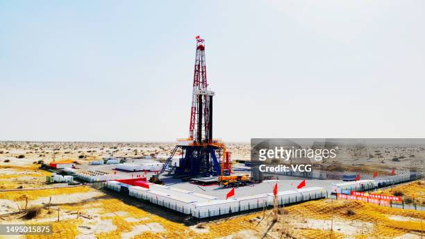Drilling of the Take-1 well of over 10,000 meters depth is in operation in the Tarim Basin on May 31, 2023 in Aksu Prefecture, Xinjiang Uygur...
