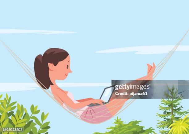 young woman lying in a hammock with laptop - hammock stock illustrations