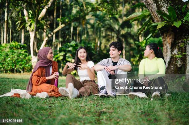 multiethnic friends having fun sitting on grass outdoor. - university student picnic stock pictures, royalty-free photos & images