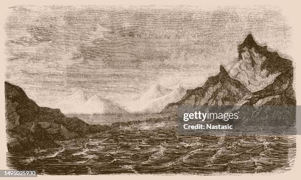 glaciers and ice banks on south georgia island - glacier breaking stock illustrations