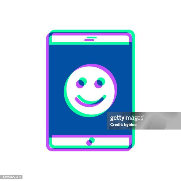 tablet pc with happy emoji. icon with two color overlay on white background - smiling faces collage stock illustrations