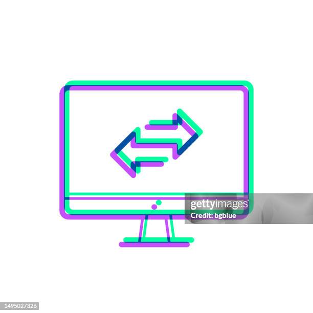 transfer with desktop computer. icon with two color overlay on white background - alter tv stock illustrations